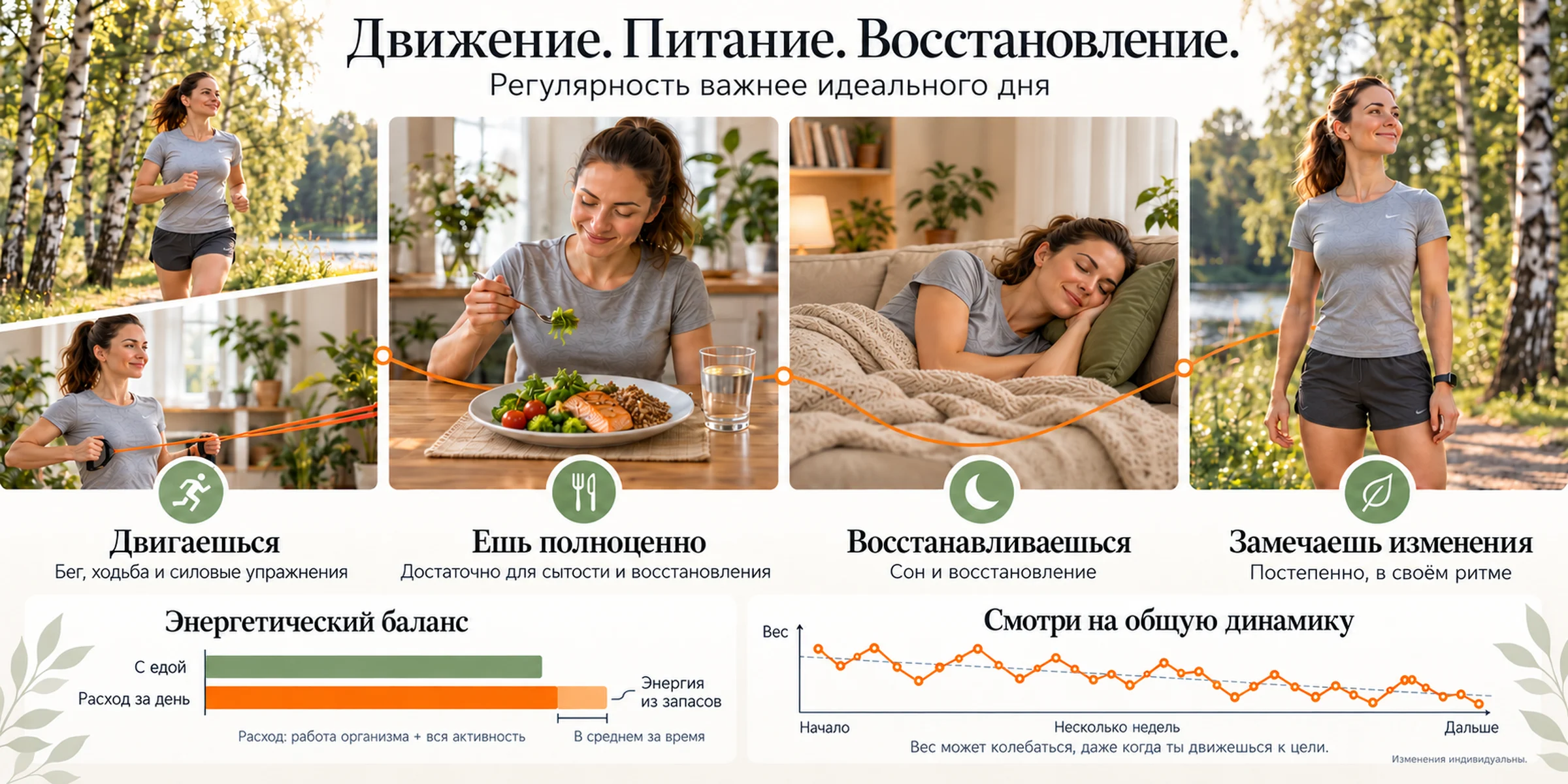 Регулярность важнее идеального дня: девушка бегает и выполняет силовое упражнение, полноценно питается, спит и постепенно замечает изменение формы. Ниже — схема баланса энергии и график колебаний веса.